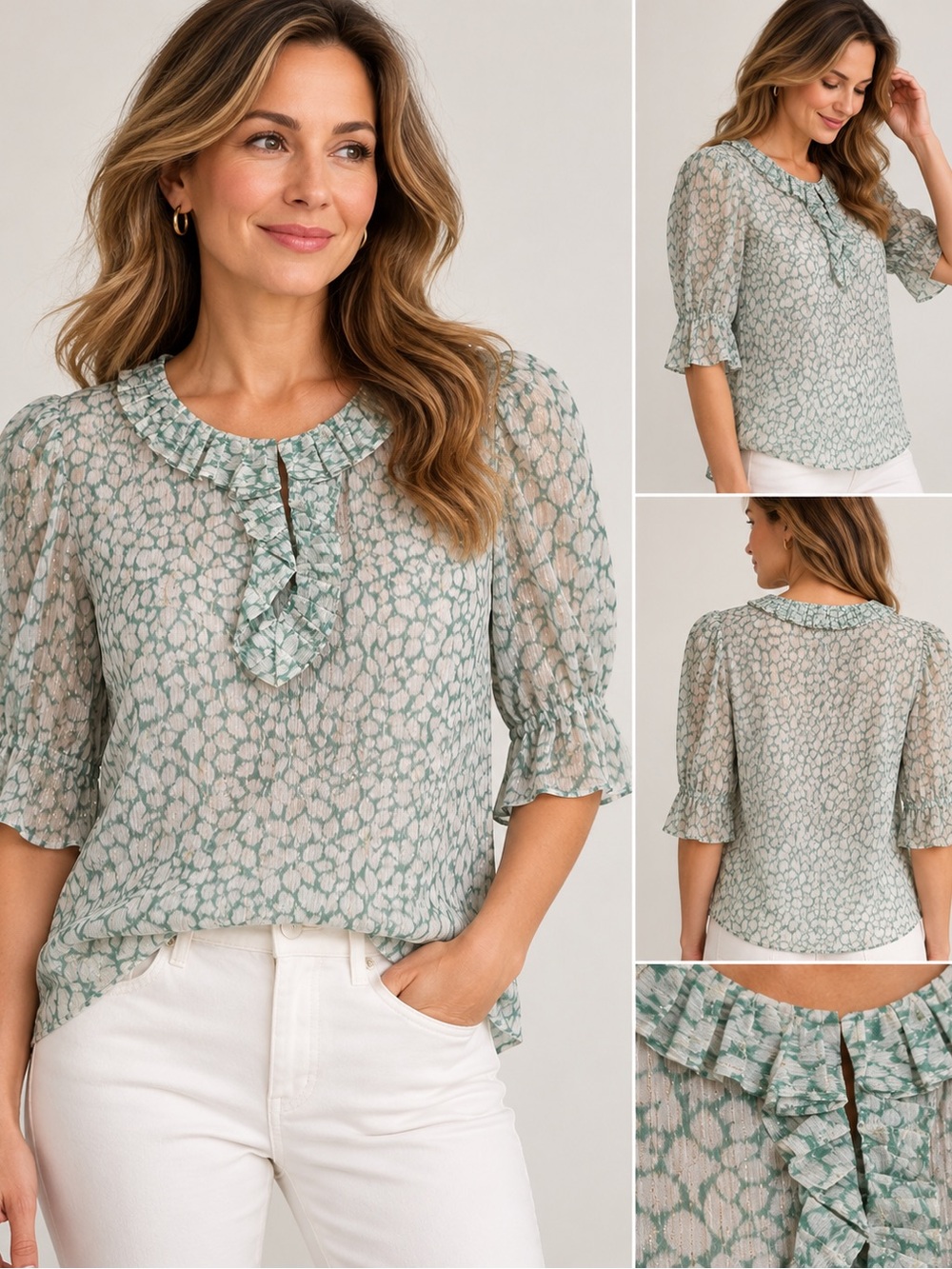 Rebecca Taylor Sage Green Floral Ruffle-Neck Blouse